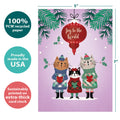 Load image into Gallery viewer, The cover of Tree-Free’s Cat Carolers card with lines demonstrating its 5x7 dimensions, along with the following text: “100% PCW recycled paper, proudly made in the USA, sustainably printed on extra-thick card stock”
