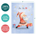 Load image into Gallery viewer, The cover of Tree-Free’s Ho Ho Ohm card with lines demonstrating its 5x7 dimensions, along with the following text: “100% PCW recycled paper, proudly made in the USA, sustainably printed on extra-thick card stock”
