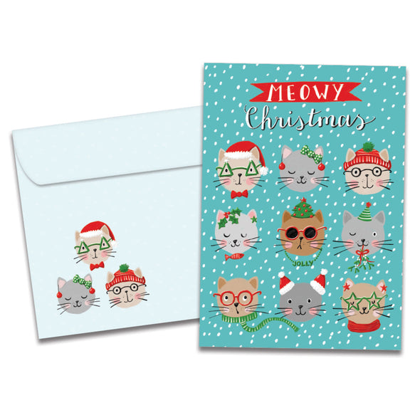 The cover of Tree-Free's Meowy Christmas card, along with its matching envelope.