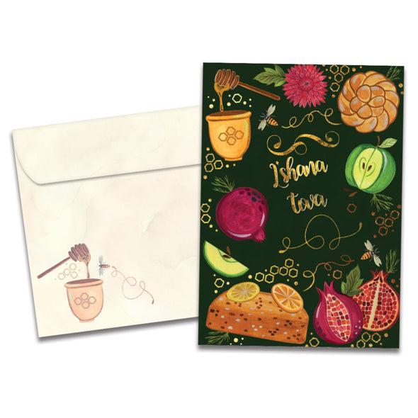 The cover of Tree-Free's Shana Tova card, along with its matching envelope.