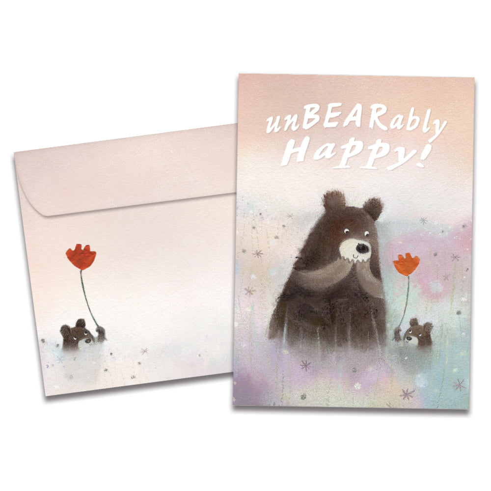 The cover of Tree-Free's Unbearably Happy card, along with its matching envelope.
