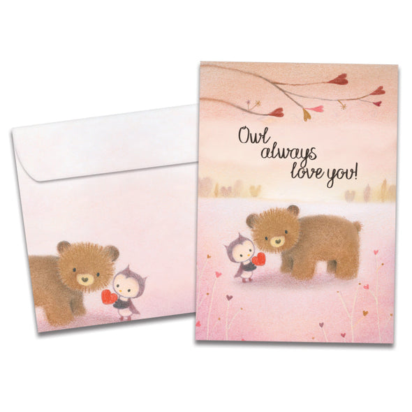 The cover of Tree-Free's Owl Always card, along with its matching envelope.