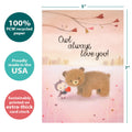 Load image into Gallery viewer, The cover of Tree-Free’s Owl Always card with lines demonstrating its 5x7 dimensions, along with the following text: “100% PCW recycled paper, proudly made in the USA, sustainably printed on extra-thick card stock”

