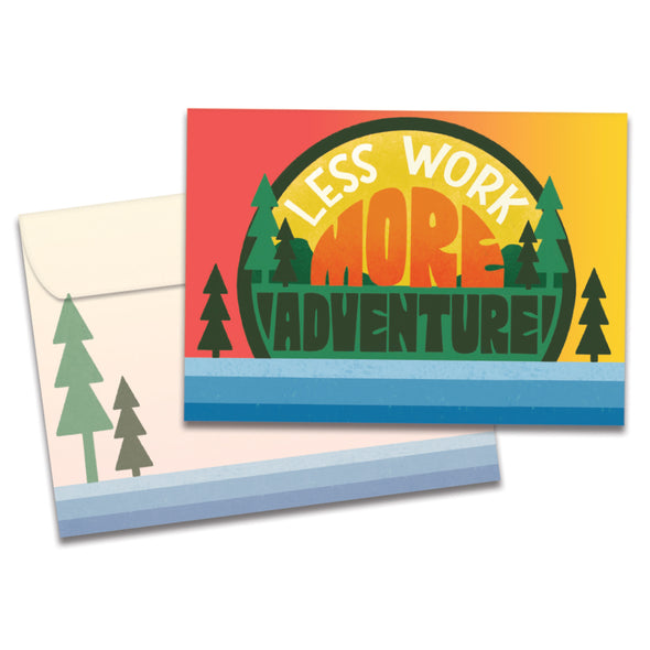 The cover of Tree-Free's More Adventure card, along with its matching envelope.
