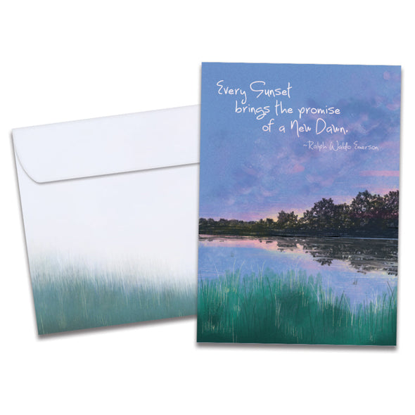 The cover of Tree-Free's Sunset Dawn card, along with its matching envelope.