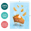 Load image into Gallery viewer, The cover of Tree-Free’s Pie There card with lines demonstrating its 5x7 dimensions, along with the following text: “100% PCW recycled paper, proudly made in the USA, sustainably printed on extra-thick card stock”

