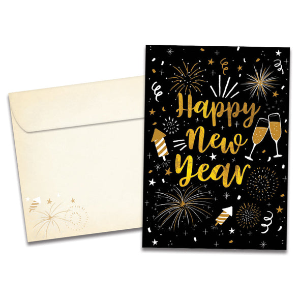 The cover of Tree-Free's New Year Celebration card, along with its matching envelope.