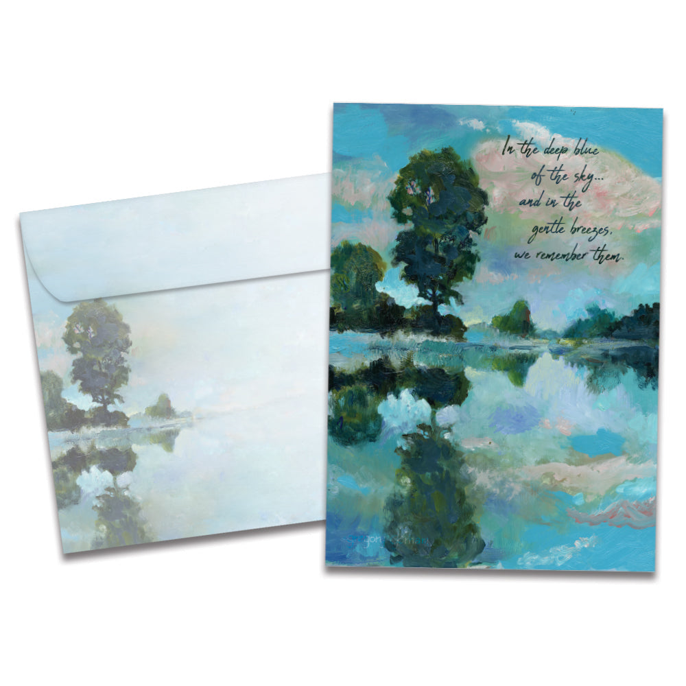 The cover of Tree-Free's Deep Blue Remembered card, along with its matching envelope.