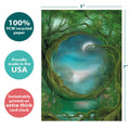 Load image into Gallery viewer, The cover of Tree-Free’s Day And Night card with lines demonstrating its 5x7 dimensions, along with the following text: “100% PCW recycled paper, proudly made in the USA, sustainably printed on extra-thick card stock”
