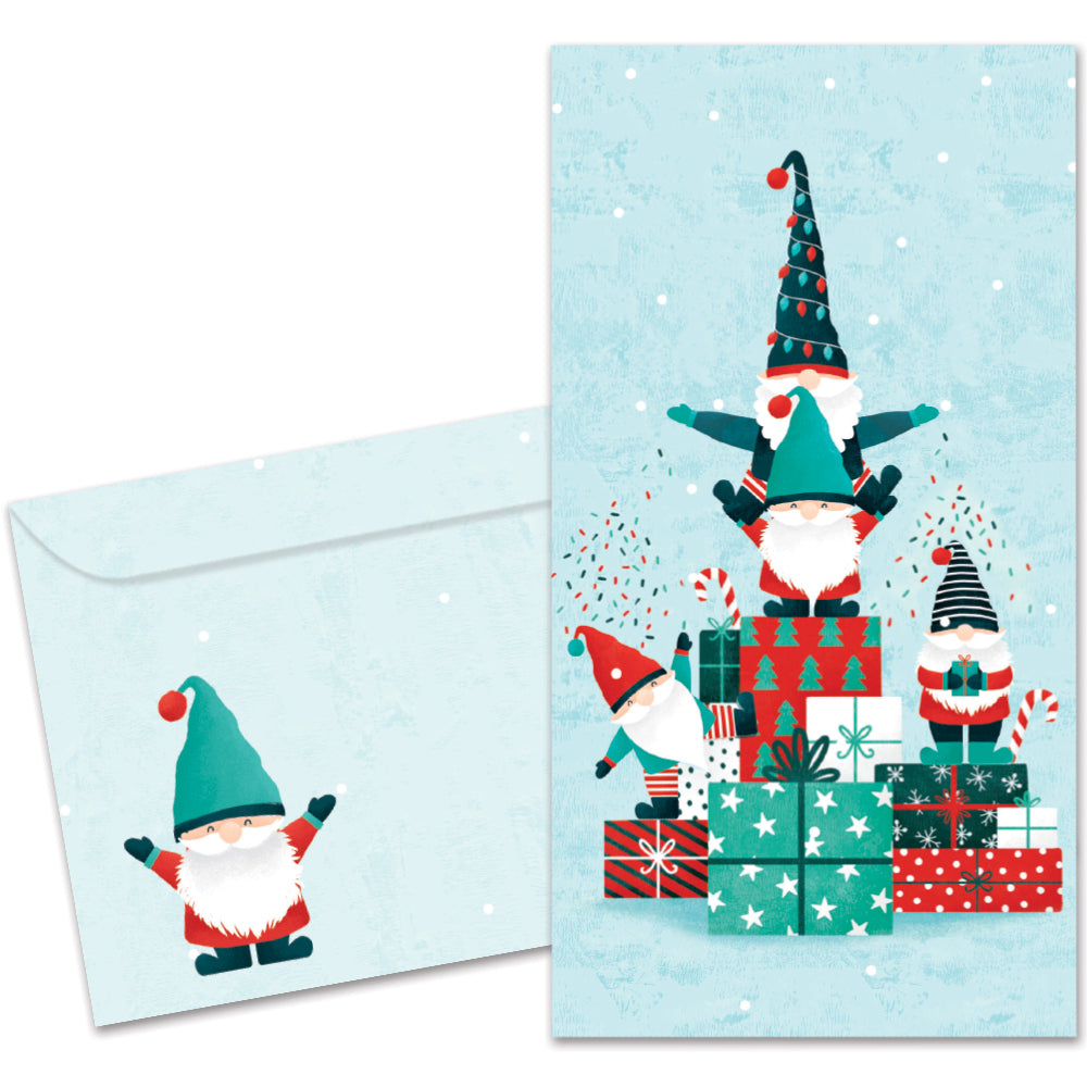 The cover of Tree-Free's Gnomes Piled High card, along with its matching envelope.