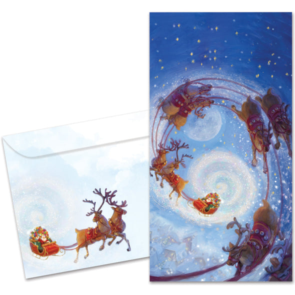 The cover of Tree-Free's Soaring Santa card, along with its matching envelope.