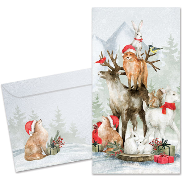 The cover of Tree-Free's Piled Wild Watercolor card, along with its matching envelope.