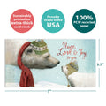 Load image into Gallery viewer, The cover of Tree-Free’s Peace Love Joy card with lines demonstrating its 5x7 dimensions, along with the following text: “100% PCW recycled paper, proudly made in the USA, sustainably printed on extra-thick card stock”

