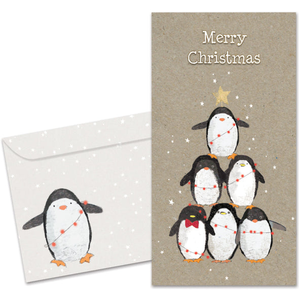 The cover of Tree-Free's Penguin Pile card, along with its matching envelope.