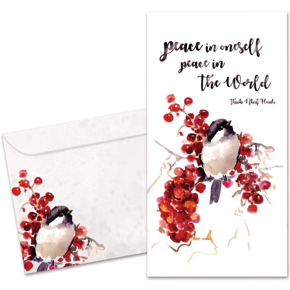 The cover of Tree-Free's Peace in the World card, along with its matching envelope.