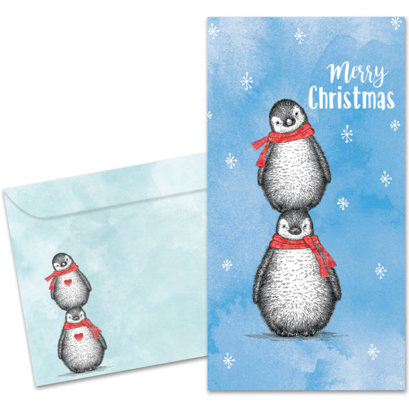 The cover of Tree-Free's Boho Christmas Penguins card, along with its matching envelope.