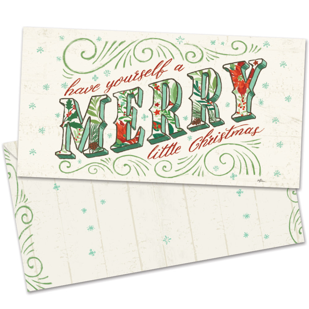 The cover of Tree-Free's Merry Little Christmas Drawn card, along with its matching envelope.