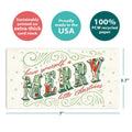 Load image into Gallery viewer, The cover of Tree-Free’s Merry Little Christmas Drawn card with lines demonstrating its 5x7 dimensions, along with the following text: “100% PCW recycled paper, proudly made in the USA, sustainably printed on extra-thick card stock”
