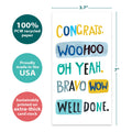 Load image into Gallery viewer, The cover of Tree-Free’s Woohoo Congrats card with lines demonstrating its 5x7 dimensions, along with the following text: “100% PCW recycled paper, proudly made in the USA, sustainably printed on extra-thick card stock”
