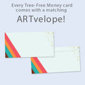Load image into Gallery viewer, The envelope for Tree-Free’s Bravo Congrats card, along with the following text: “Every Tree-Free 5x7 card comes with a matching ARTvelope!”
