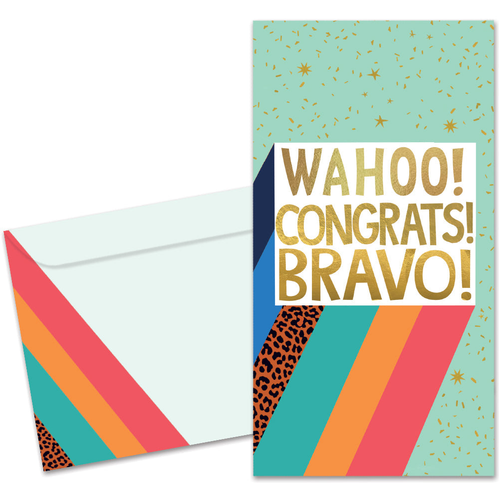 The cover of Tree-Free's Bravo Congrats card, along with its matching envelope.