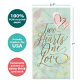 Load image into Gallery viewer, The cover of Tree-Free’s Two Hearts card with lines demonstrating its 5x7 dimensions, along with the following text: “100% PCW recycled paper, proudly made in the USA, sustainably printed on extra-thick card stock”
