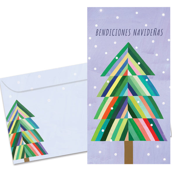 The cover of Tree-Free's Navidenas Tree card, along with its matching envelope.