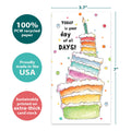 Load image into Gallery viewer, The cover of Tree-Free’s Cake Today card with lines demonstrating its 5x7 dimensions, along with the following text: “100% PCW recycled paper, proudly made in the USA, sustainably printed on extra-thick card stock”
