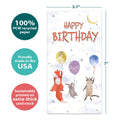 Load image into Gallery viewer, The cover of Tree-Free’s Balloon Animals card with lines demonstrating its 5x7 dimensions, along with the following text: “100% PCW recycled paper, proudly made in the USA, sustainably printed on extra-thick card stock”
