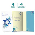 Load image into Gallery viewer, The cover and inside of Tree-Free’s Blue Floral Star card, along with the following text: “4 greeting cards, 4 matching envelopes”
