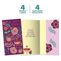 Load image into Gallery viewer, The cover and inside of Tree-Free’s Floral Candles card, along with the following text: “4 greeting cards, 4 matching envelopes”
