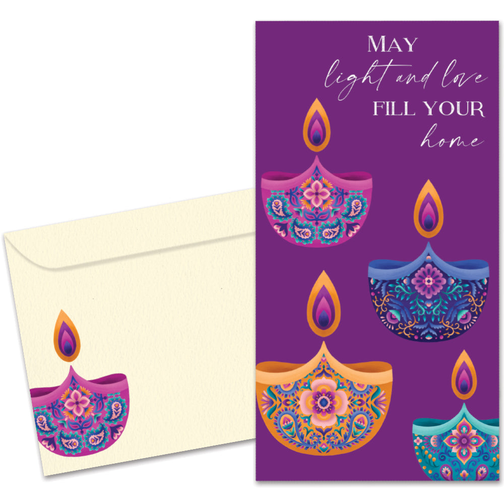 The cover of Tree-Free's Light and Love card, along with its matching envelope.