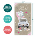 Load image into Gallery viewer, The cover of Tree-Free’s Just Married card with lines demonstrating its 5x7 dimensions, along with the following text: “100% PCW recycled paper, proudly made in the USA, sustainably printed on extra-thick card stock”
