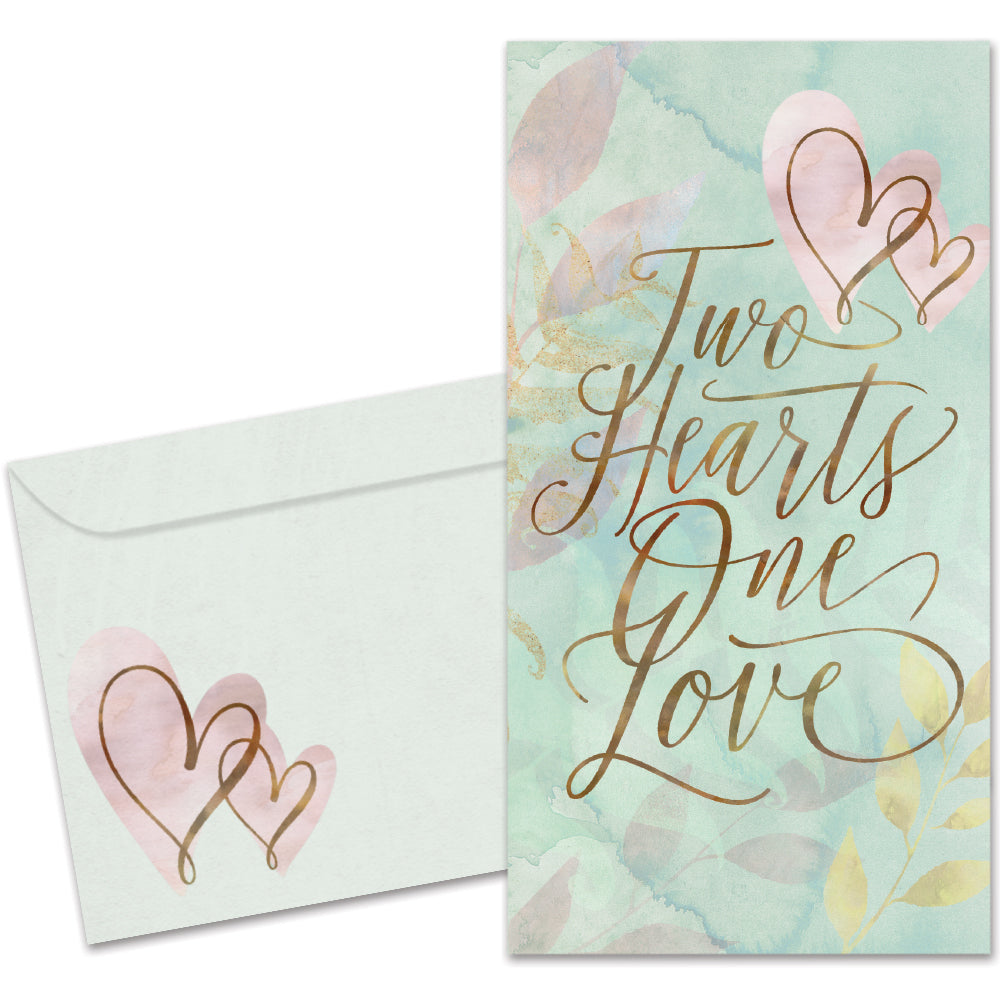 The cover of Tree-Free's Two Hearts card, along with its matching envelope.