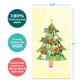 Load image into Gallery viewer, The cover of Tree-Free’s Navidad Tree card with lines demonstrating its 5x7 dimensions, along with the following text: “100% PCW recycled paper, proudly made in the USA, sustainably printed on extra-thick card stock”
