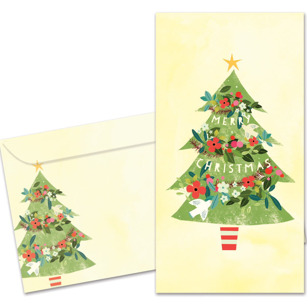 The cover of Tree-Free's Merry Tree card, along with its matching envelope.