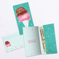 Load image into Gallery viewer, The inside of Tree-Free’s Freezer Ice Cream card, with the cover and envelope in the background.
