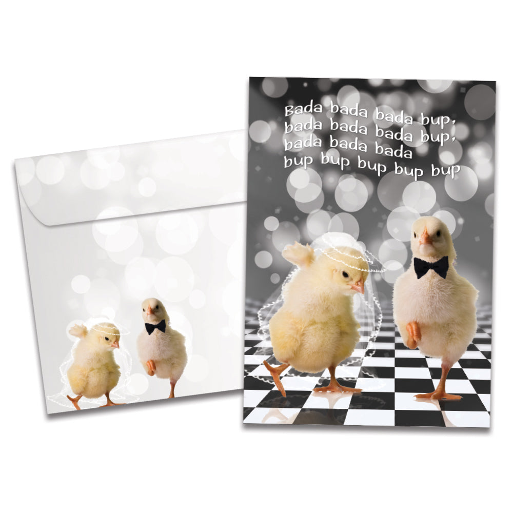The cover of Tree-Free's Chicken Dance Wedding card, along with its matching envelope.