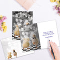 Load image into Gallery viewer, The inside of Tree-Free’s Chicken Dance Wedding card, with the cover and envelope in the background.
