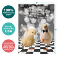 Load image into Gallery viewer, The cover of Tree-Free’s Chicken Dance Wedding card with lines demonstrating its 5x7 dimensions, along with the following text: “100% PCW recycled paper, proudly made in the USA, sustainably printed on extra-thick card stock”

