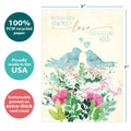 Load image into Gallery viewer, The cover of Tree-Free’s Full Of Love card with lines demonstrating its 5x7 dimensions, along with the following text: “100% PCW recycled paper, proudly made in the USA, sustainably printed on extra-thick card stock”
