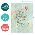Load image into Gallery viewer, The cover of Tree-Free’s Two Hearts card with lines demonstrating its 5x7 dimensions, along with the following text: “100% PCW recycled paper, proudly made in the USA, sustainably printed on extra-thick card stock”
