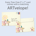 Load image into Gallery viewer, The envelope for Tree-Free’s Felicidades Birds card, along with the following text: “Every Tree-Free 5x7 card comes with a matching ARTvelope!”
