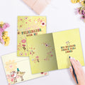 Load image into Gallery viewer, The inside of Tree-Free’s Felicidades Birds card, with the cover and envelope in the background.
