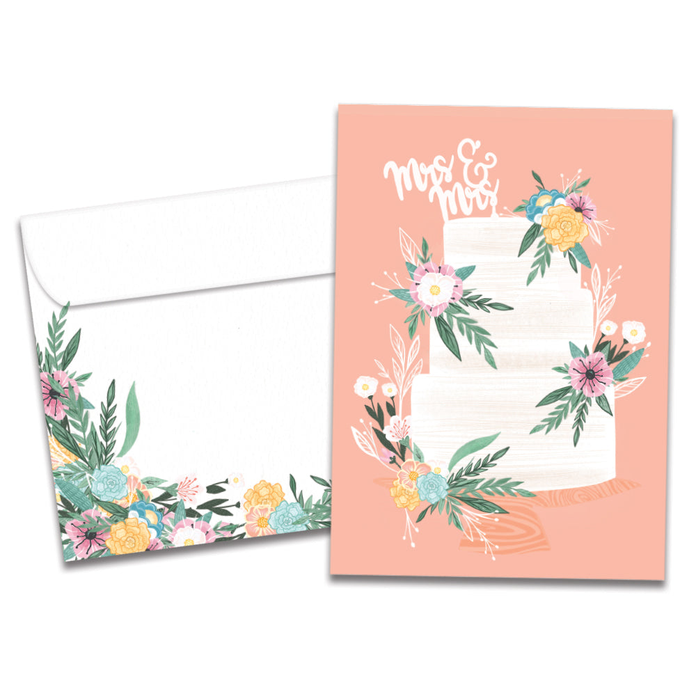 The cover of Tree-Free's Mrs. and Mrs. card, along with its matching envelope.