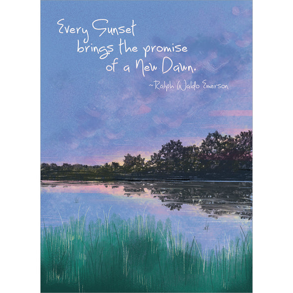 The cover of Tree-Free's Sunset Dawn card, along with its matching envelope.