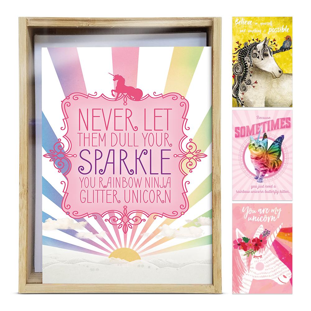 Rainbows and Unicorns All Occasion 4x6 Bamboo Box Notecard Sets