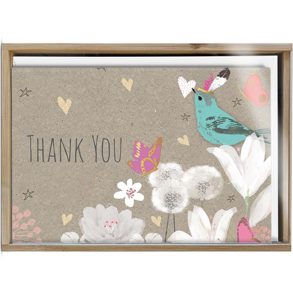 Floral Bird Thanks 4x6 Thank You Bamboo Box Notecard Sets